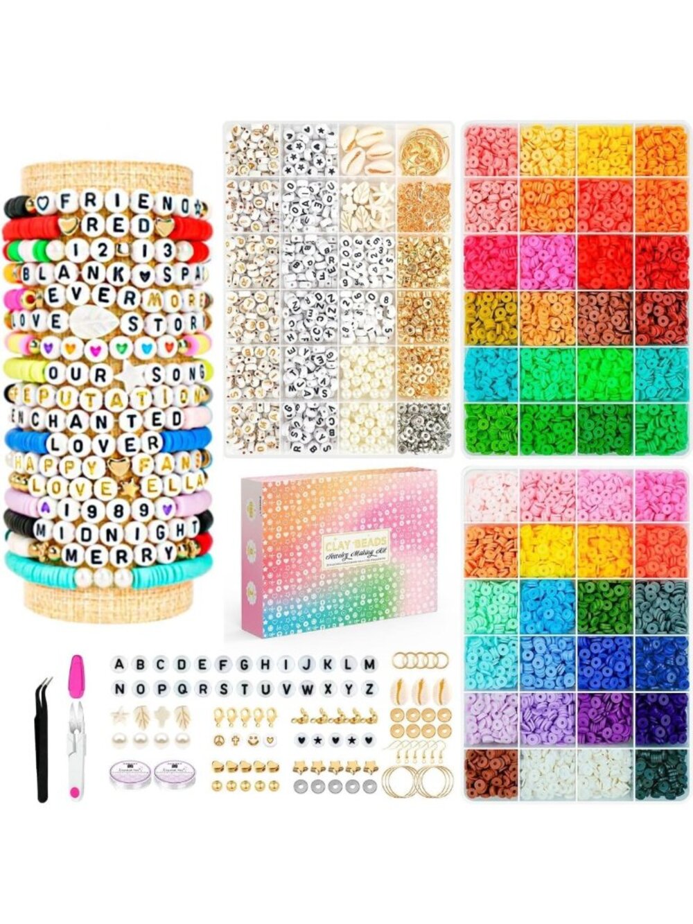 Colorful Friendship Bracelet Making Kit - 14,000 Clay Beads & Letter Set for
